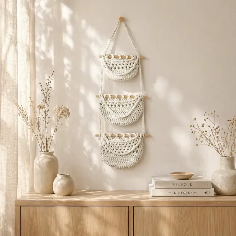 Fruit mesh bag removable wall-mounted storage bag simple style semi-circular woven decorative basket