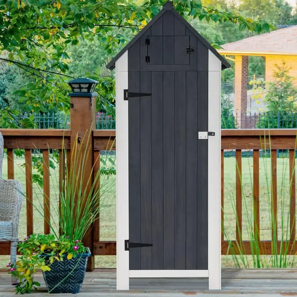 Gray Outdoor Wooden Storage Cabinet with Floor for Garden Tools and Patio Lawn