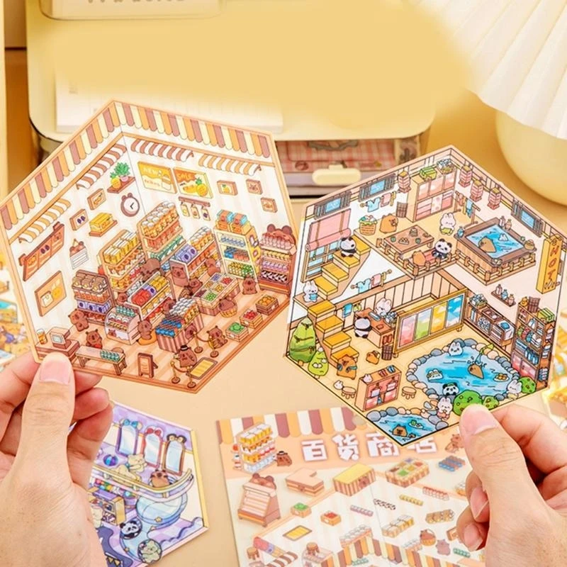 Fun Miniatur Adegan Stiker Kartun Pemandangan Pemandangan Stiker Scrapbooking Sticker Untuk Jurnal Telepon Meliputi Botol