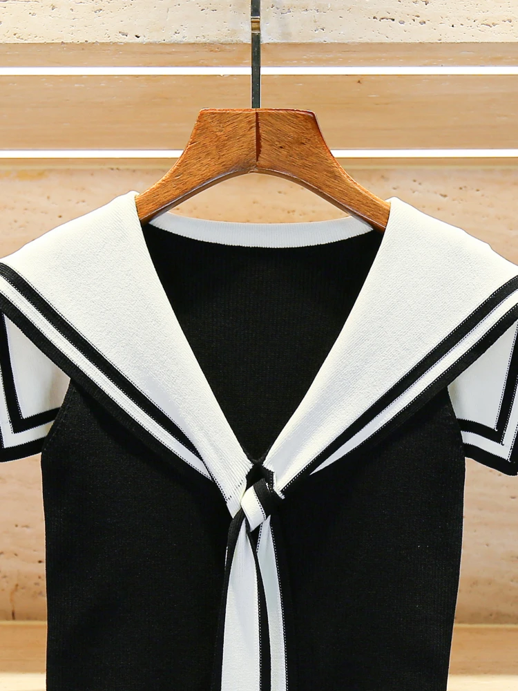 سترة محبوكة بياقة بحرية مخططة للكلية Sle للسيدات صيفية من Faion مادة عالية الجودة مقاس عادي ort Sve #3