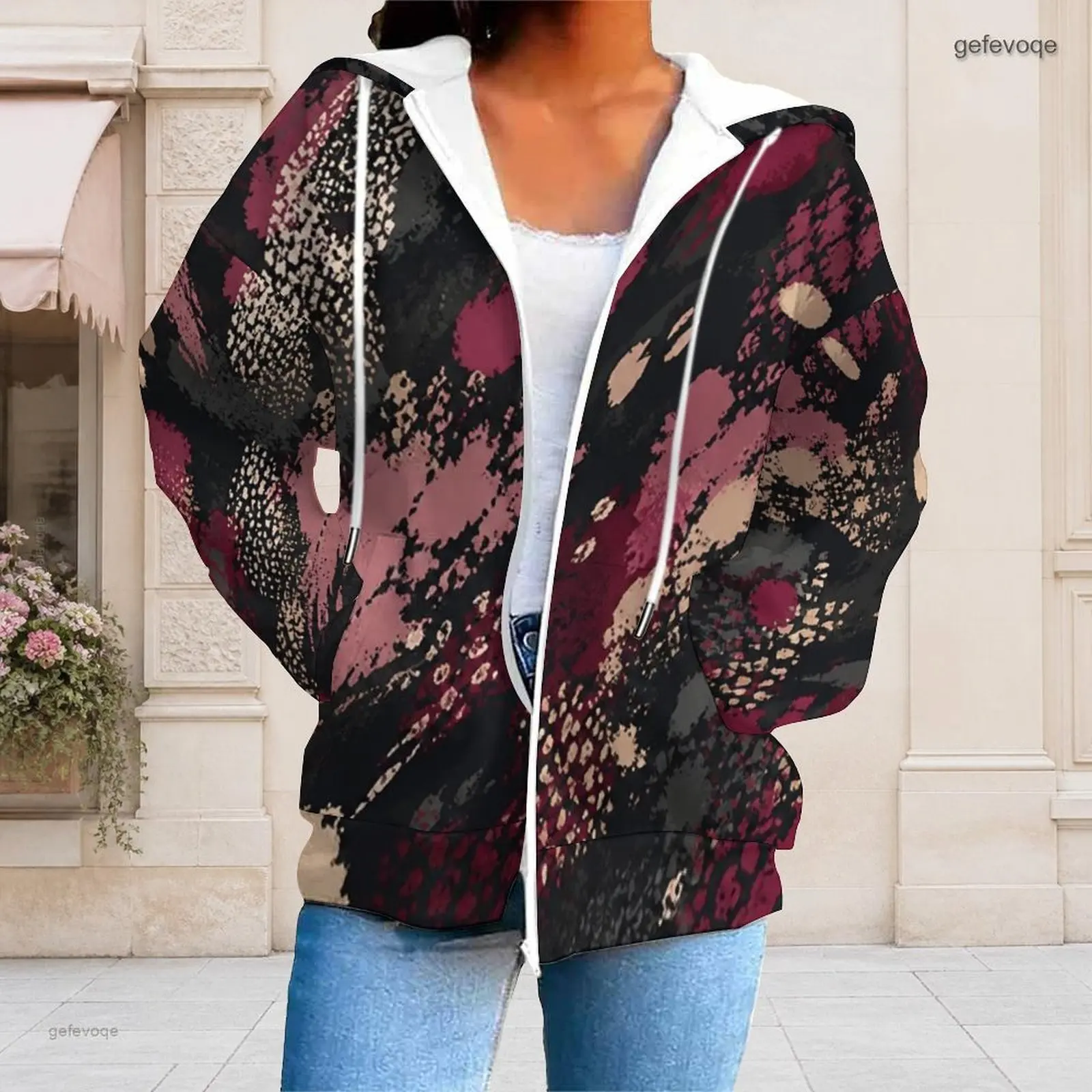 Women Abstract Splatter Leopard Print Zip Up Long Sleeve Drawstring Hoodie