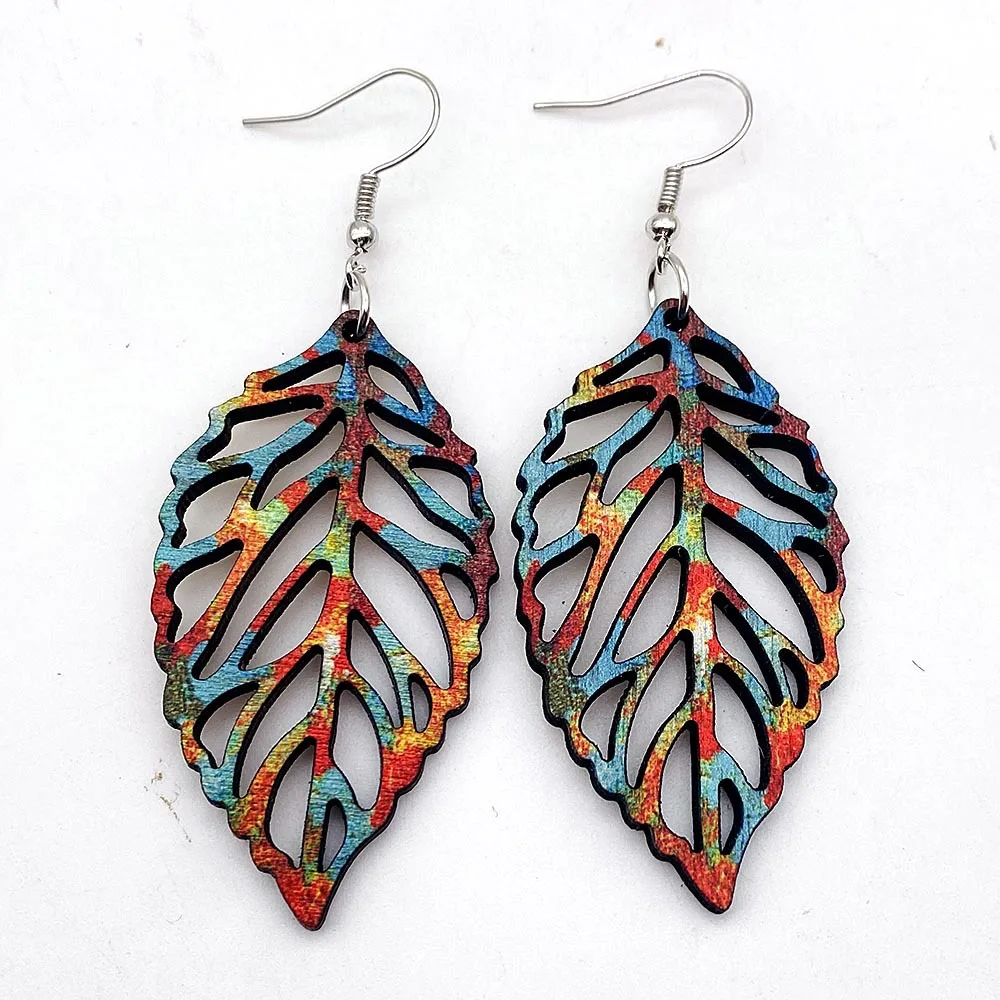 Vintage Hollowed Cutout Leaf Earrings Colorful Bohemian Wood Earrings for Women Original Design Wooden Jewelry Wholesale