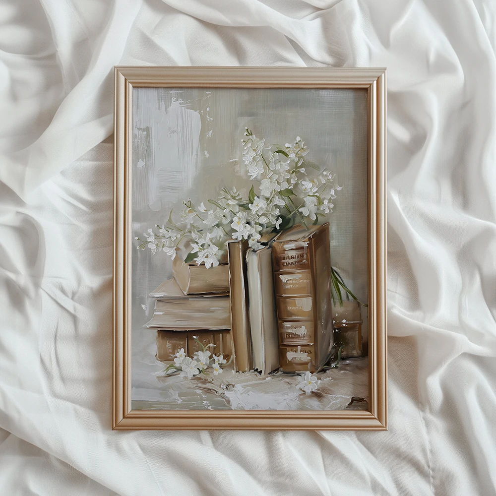 Spring Floral Print Soft Cottagecore  Wall Art Light Academia Spring Decor Stack of Books Painting Delicate Floral Wall Art, No