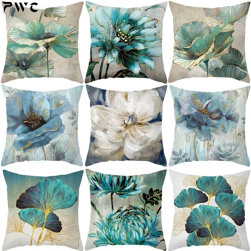 

Oil Painting Flowers Gold Decorative Pillows for Sofa Glitter Pillow Case Home Decor Polyester Cushion Cover Housse De Coussin