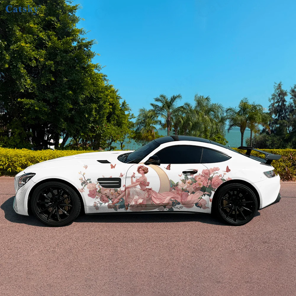 

Pink Flower Moon Goddess Car Vinyl Wraps Decal Self-adhesive PVC Sticker Suitable for Trucks SUV Decor Auto Accessories Gift