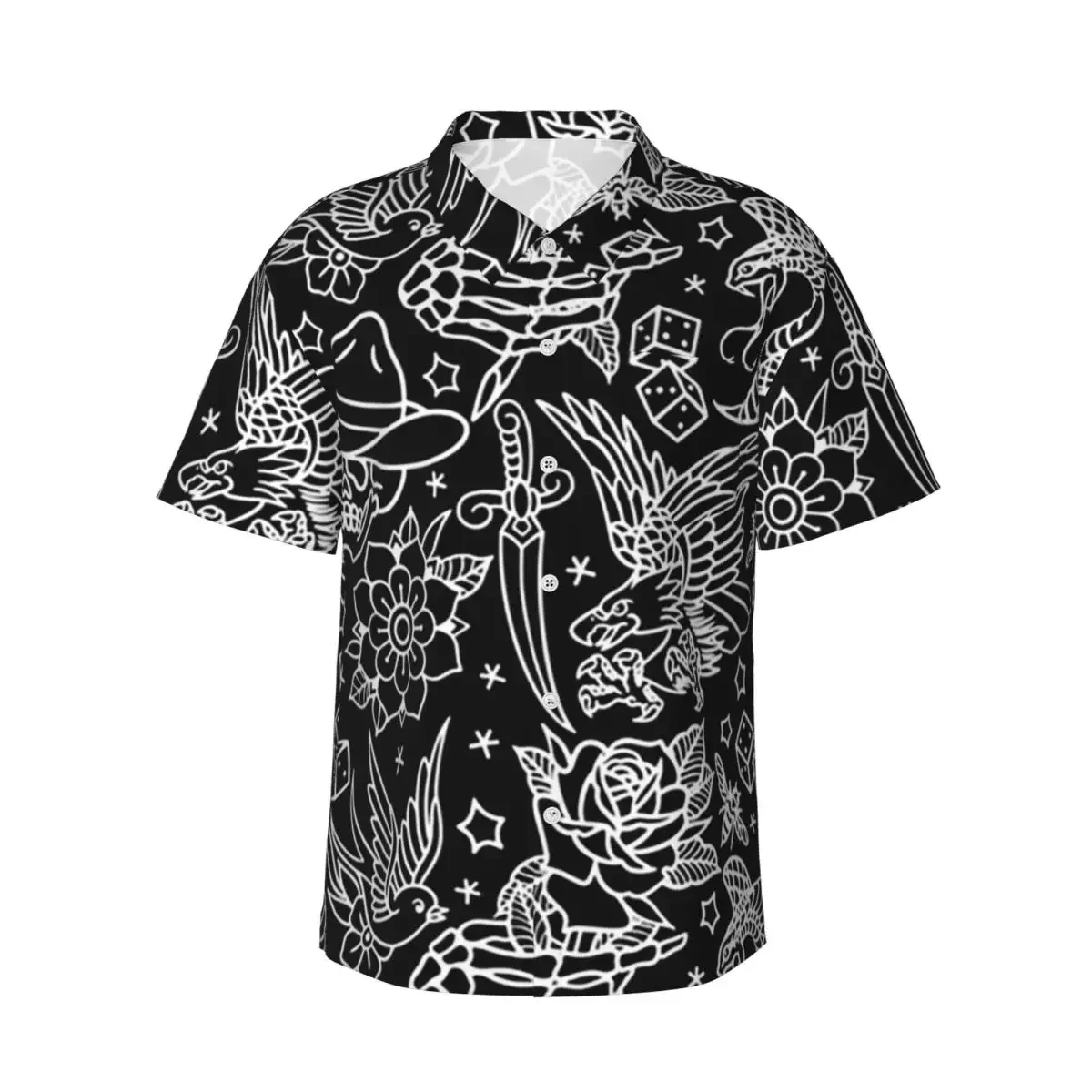 American Traditional Tattoo Flash Print Men's Shirts Hawaiian Short Sleeve Shirt Funny Lapel Tops for Summer Beach