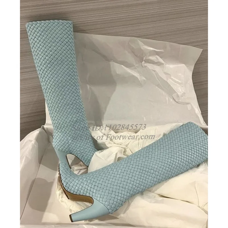 Baby Blue Square Toe Braided Leather Knee High Boots Chunky Heel Woven Luxury Designer Women's Thigh Boot Winter New in Shoes