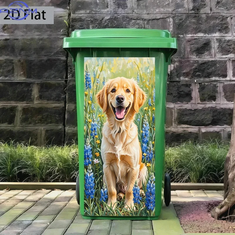 Trash Can Sticker Golden Retriever in Flowers Theme Design Self-Adhesive Wall Decal Wallpaper Suitable for Trash Cans, Walls,