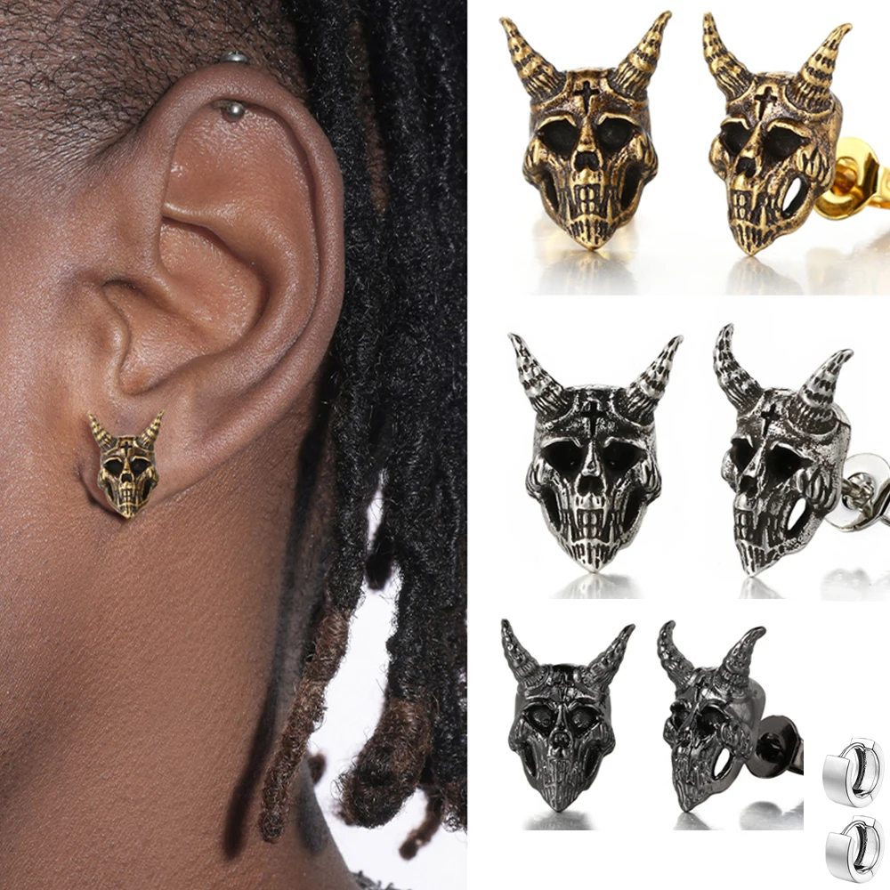 Demon Satan Ram Skull Stud Earrings for Men Women Nordic Retro gothic punk skeleton retro Viking Earrings Jewelry gifts OHE186