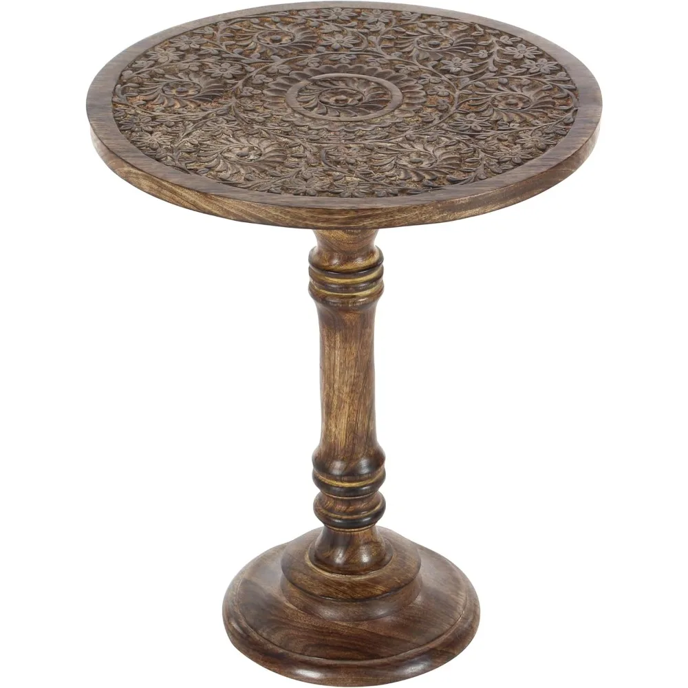 Mango Wood Floral Handmade Side End Accent Table Intricately Carved End Table with Turned Base, Side Tabl, Dark Brown