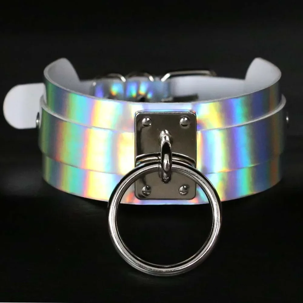 Holographic Rainbow Choker for Women, Chain Necklace, Punk, Leather Collar, Rave Festival, Costume Jewelry