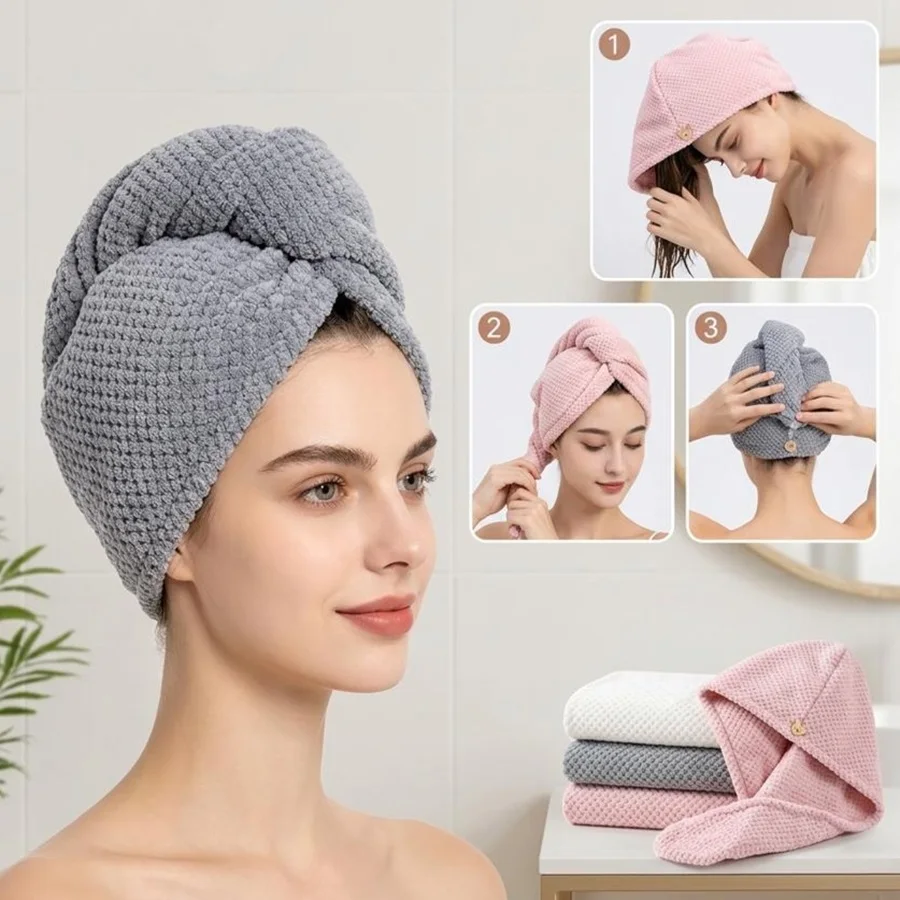 Pineapple Grid Absorbent Quick Drying Towel High Absorption Soft &Fluffy Coral Fleece Hair Cap Soft Fine Fibers Thick & Dense