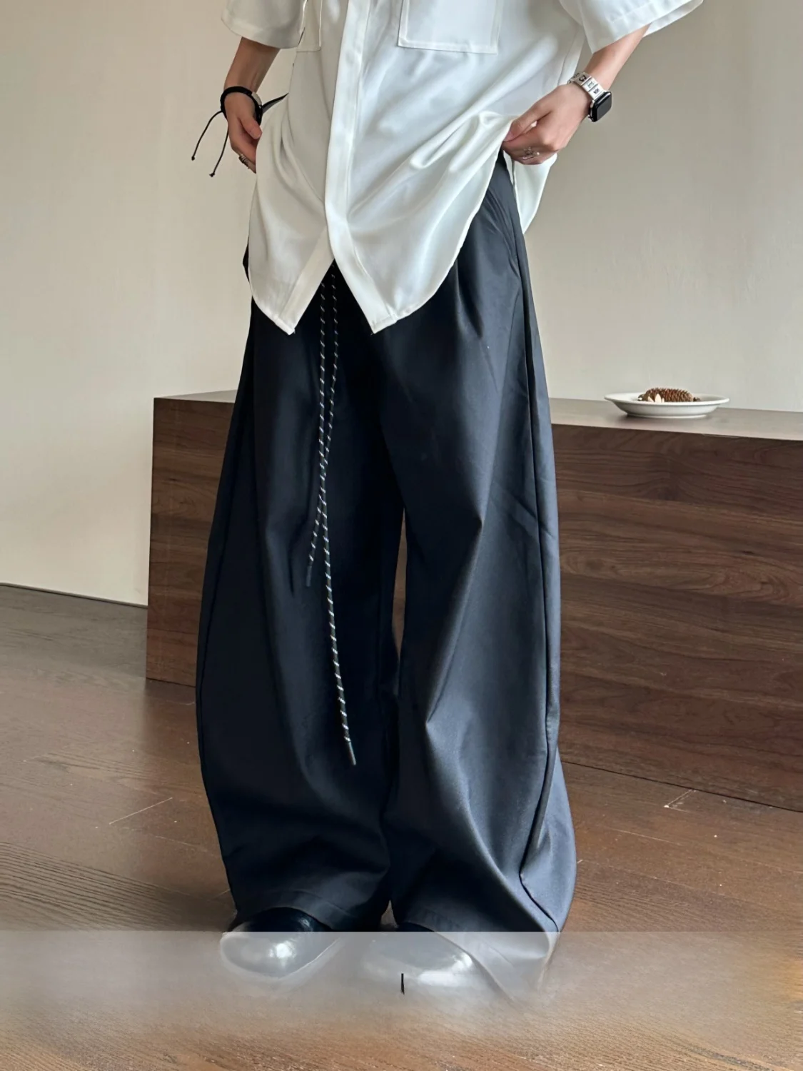 

Ja1 Casual Loose Trousers Draped Design Simple High-End Feeling Wide Leg Pants Folded Hem Natural Waist Button Polyester Fiber
