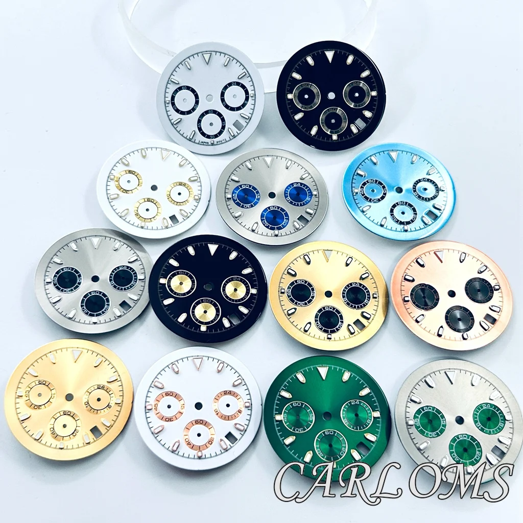 32.5mm VK63 Watch Dial 6 hands Green Luminous Date Quartz Movement Chronograph Face Black Blue Green Pink White