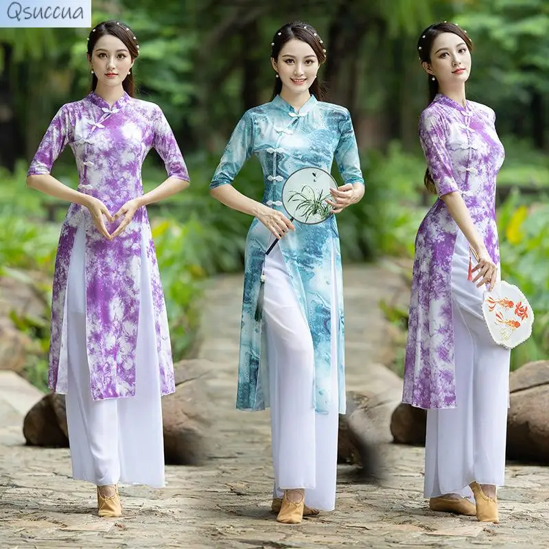 

New Style Classical Dance Ethnic Dance Cheongsam Body Rhyme Performance Practice Dance Net Gauze Women's Suit