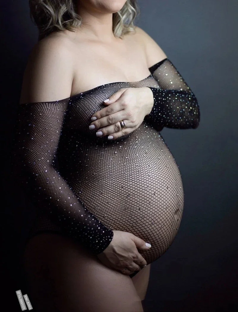 See Through Bodygestant Maternity Photography Props Bodysuit Full Sleeve Slash Neck Transparent Pregnant Woman Bodysuit Stretchy