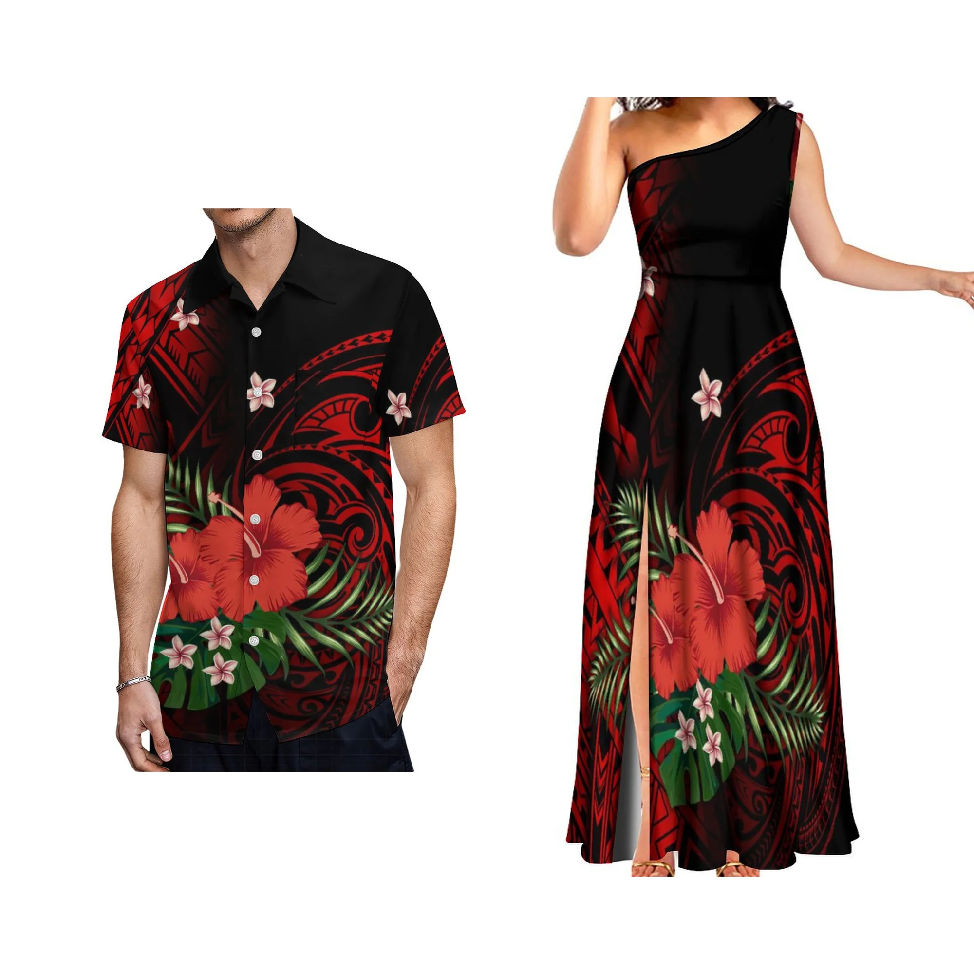 สไตล์ใหม่ที่กําหนดเอง Polynesian Tonga Tribal Island ชุดหนึ่งไหล่แขนกุดแยกยาว Maxi ชุดราตรี