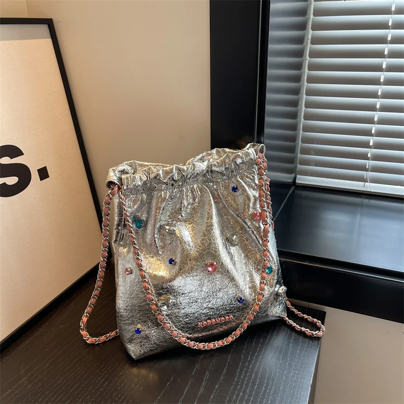 Vintage Drawstring Silver Shoulder Crossbody Bags Women Handbags and Purses 2023 New Design Ladies Messenger Bags High Quality