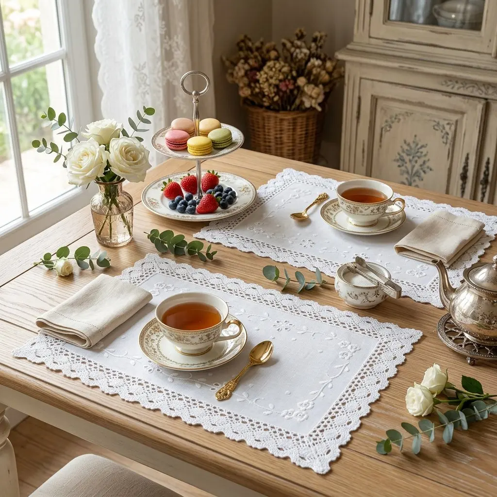 Vintage Leinen-Tischsets im 2er-Set, 100% Reines Leinen mit Handbestickten Blumenmuster - Rechteckige & Runde Tischmatten - Limitierte Handwerker-Edition – Detail 1