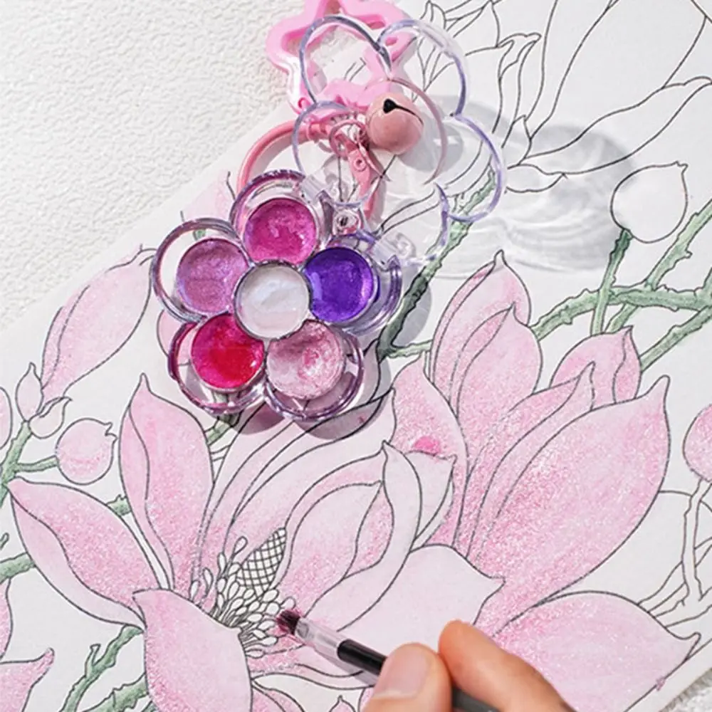 Mini Size Watercolor Pigment Set Pearlescent Finish Flower Design Painting Set 6 Colors With Key Chain Watercolor Paint