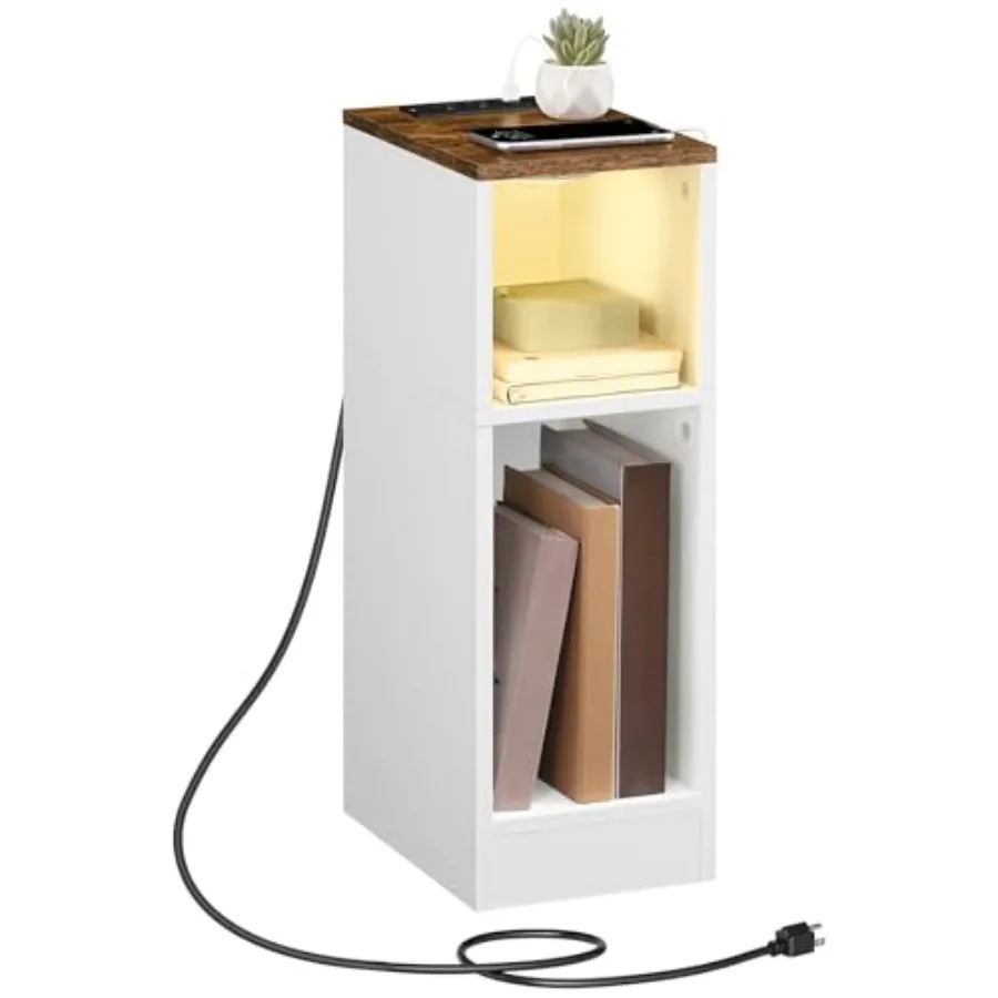 

Narrow Nightstand with LED Light, Narrow End Table with Charging Station, Skinny Bedside Table for Small Spaces, Mid Century Mo