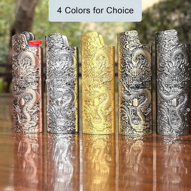 Metal Lighter Case Holder With Retro Dragon Carving For BIC Full-Size Lighter J6