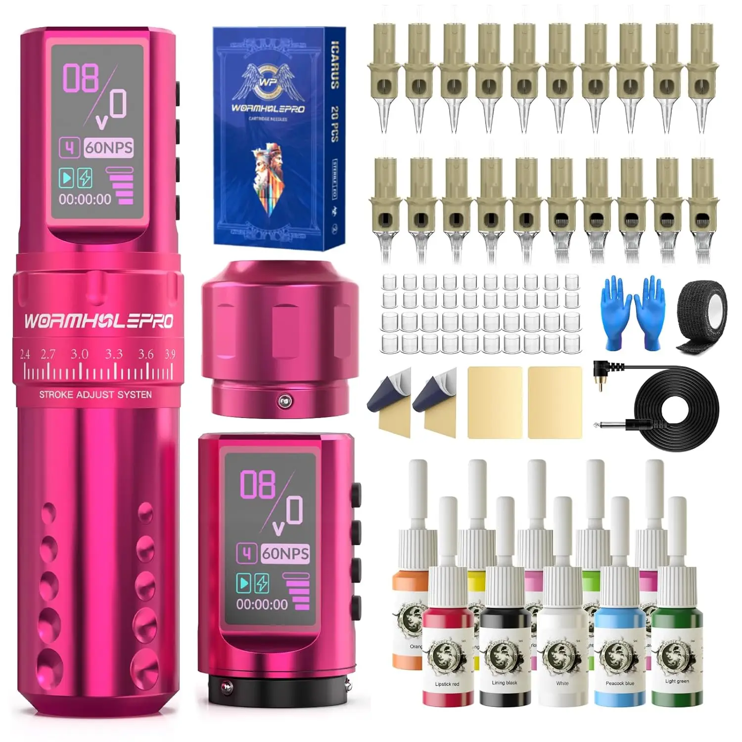 

80Pcs Tattoo Gun Kit with 7 Adjustable Strokes, 1800mAh Power Supply, LED Display, 20 Needles for Artists - Pink