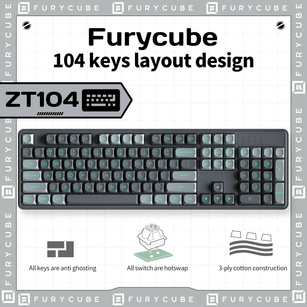 

Механическая клавиатура FURYCUBE ZT104 с прокладкой, проводная клавиатура с 104 клавишами, USB Type-C, поддержка горячей замены, стандартная игровая клавиатура