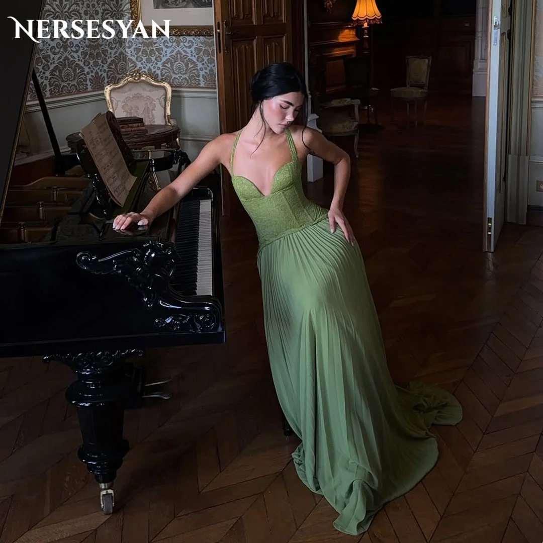 

Nersesyan Sage Green Lace Prom Dresses off Shoulder Pleated Formal Evening Dresses Halter Appliques Women Party Gowns Customized