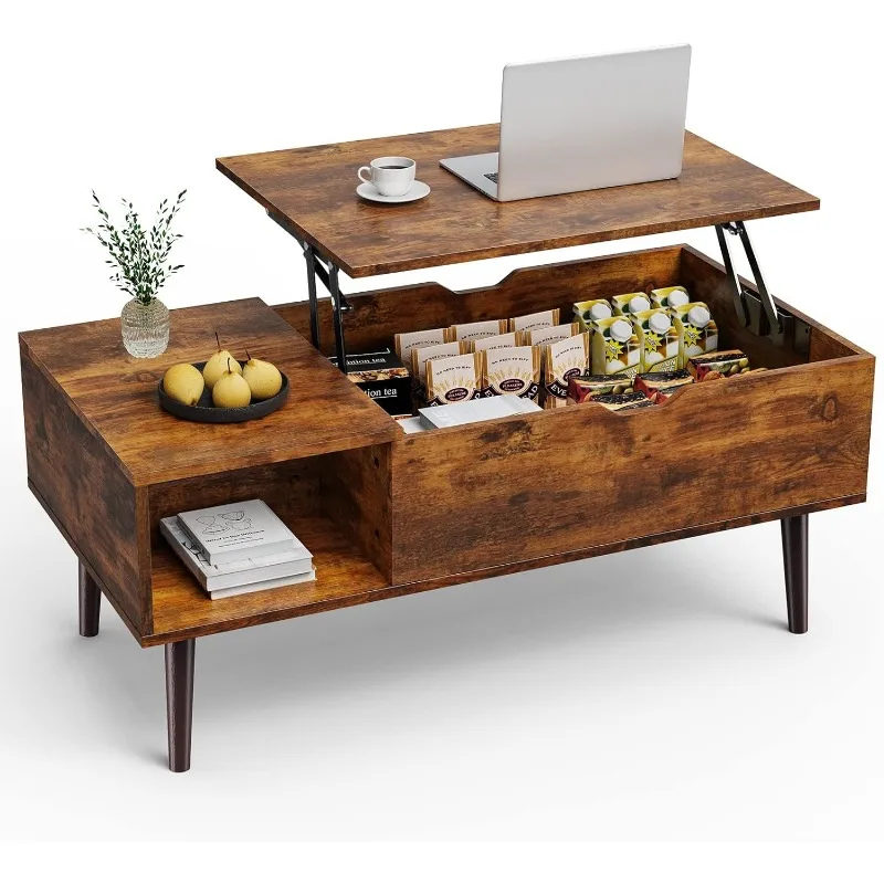 Coffee table, living room lift coffee table with storage shelf and hidden compartment, brown