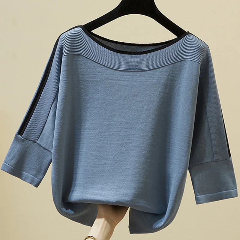 Summer Fashion Women Tops Knitted Solid Tshirt Ice Silk Pullover Short Sleeve Loose Tops Women's Clothing Thin Clothes New 14425