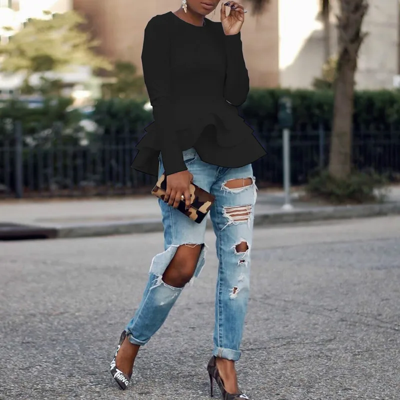 Autumn Winter Long Sleeve Women Tops Black Red Casual Tops Office Lady Elegant T-Shirts White Ruffle Solid Colors Streetwear New