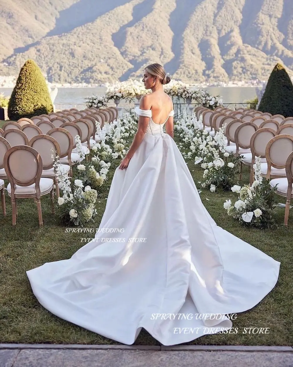 SPRAYING Elegant Off Shoulder Wedding Dress A Line High Side Split Satin Bridal Gown Floor Length Sweep Train vestidos de novia