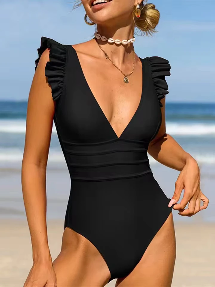 

Vzvn Sexy Deep V Neck Ruffles One Piece Swimsuit Women Surfing Wading Sports Swimsuit 2026 All Season Solid One Piece Swimsuit