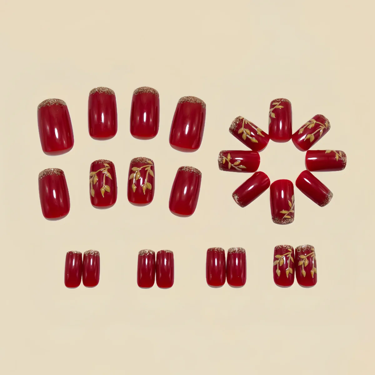 Medium fake nails for women girls New Year red square ballet nail tips golden leaf pink flowers design press on false nail art