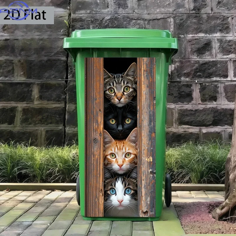 [2D Flat Printing] 1pc Trash Can Sticker  Four Cats Peeking Through Window Animal Theme Design Wall Sticker Decoration Wallpap