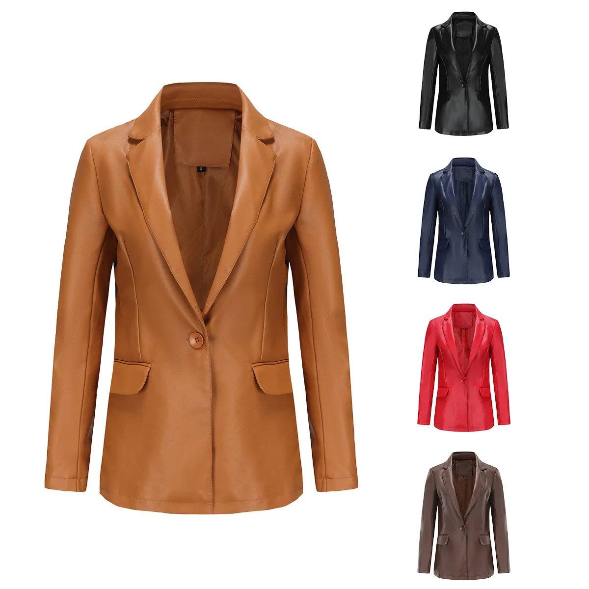 New Europe and the United States Women\'s Blazer long-sleeved jacket single button commuter casual pure color PU leather jackets