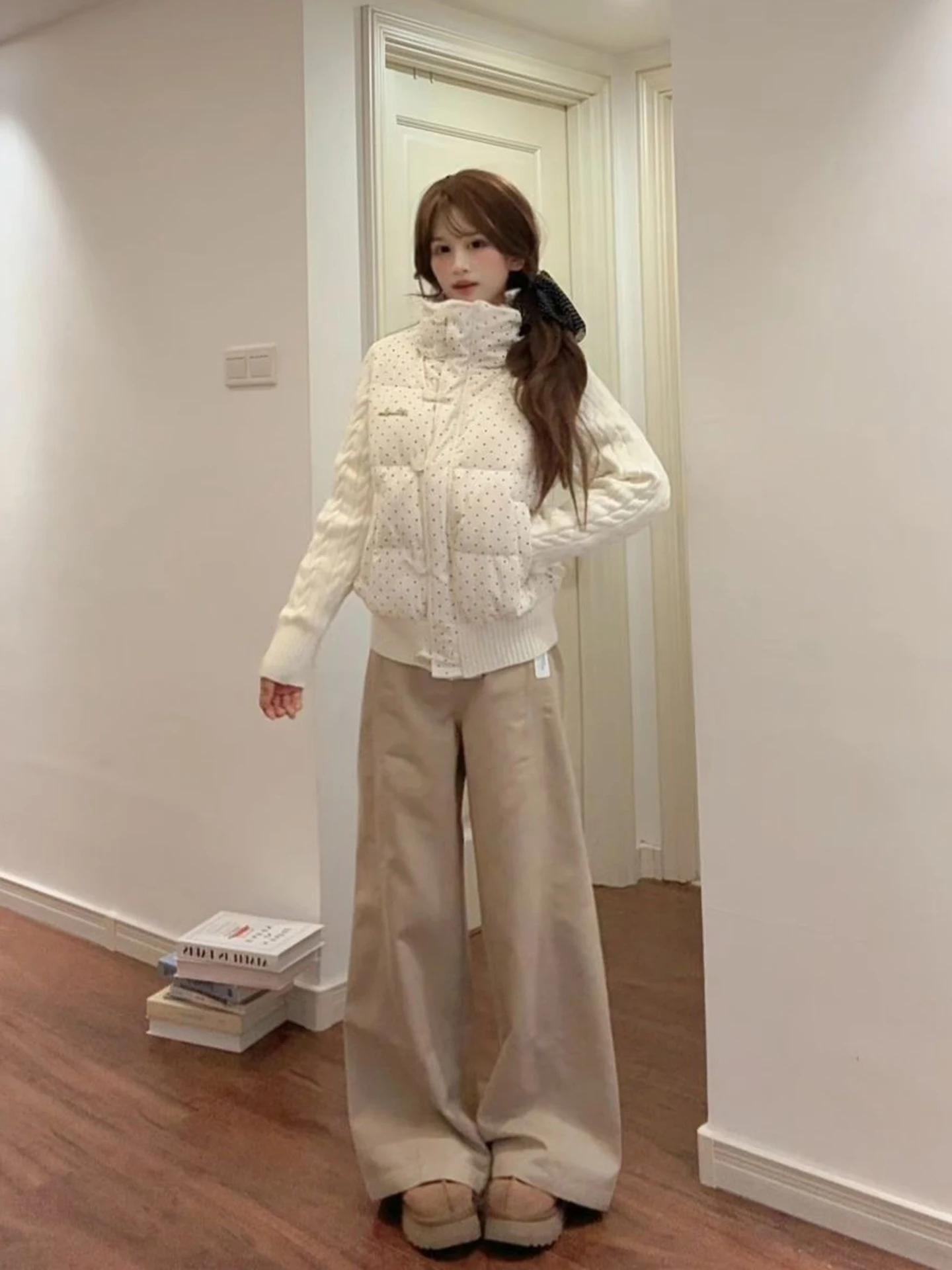 

Korean Sle Sweet Polka Dot Knitted Patchwork Long Sve Cotton Jaet Women's Winter Loose Thi ort Warm Bread Sle Coat