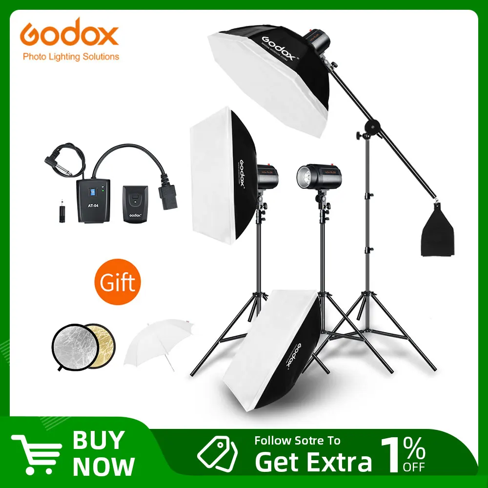 Godox 600Ws 3x 200Ws Strobe Studio Flash Light Kit with AT-16 Trigger + 3x  Softbox + 3x 200cm Light Stand + Reflector +Boom Arm