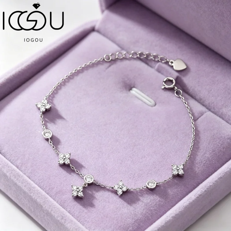 IOGOU D Color Moissanite Four Leaf Flower Bracelet for Women 14k Gold Filled Adjustable Chain Weddding Anniversary Jewelry Gift