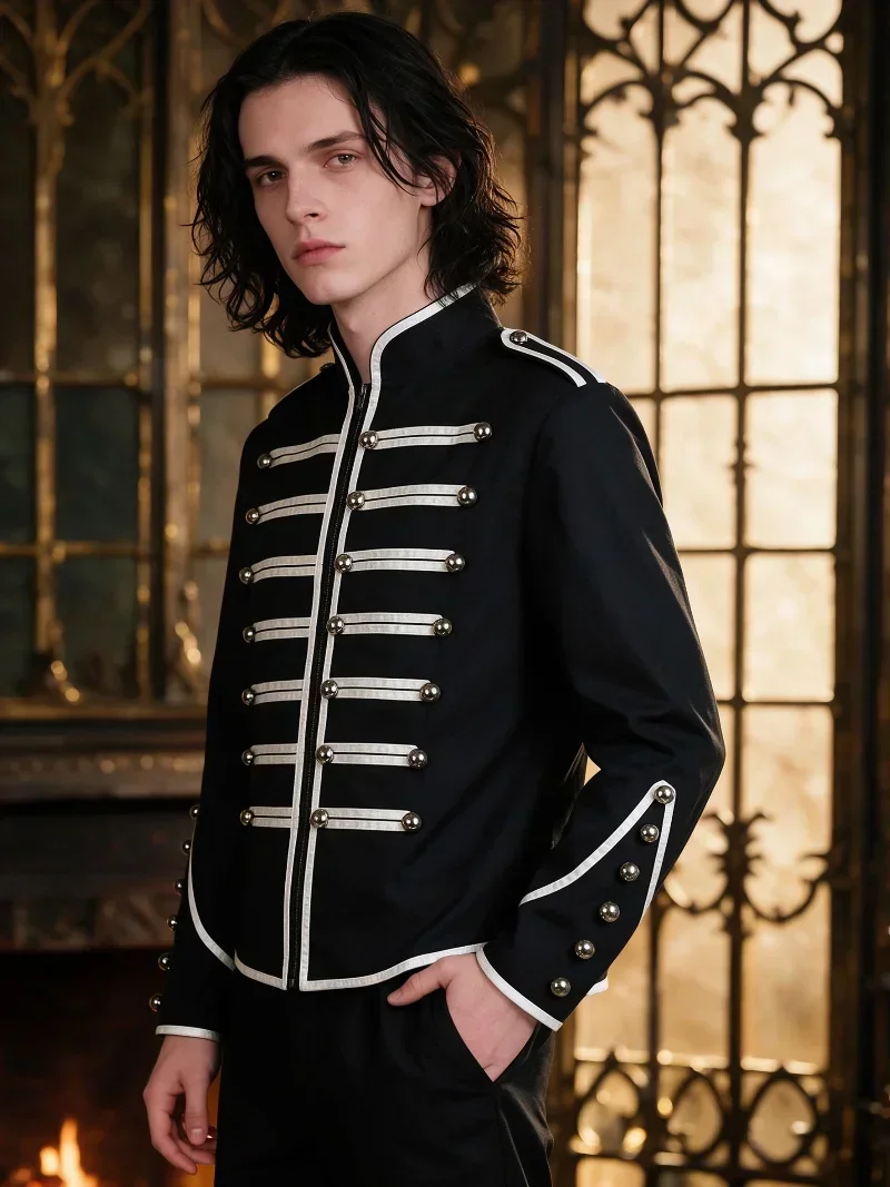 Men Retro Gothic Steampunk Punk Band Parade Jacket, Stand‑Collar Decorative Strap Loose‑Fit Stage Performance Outerwear