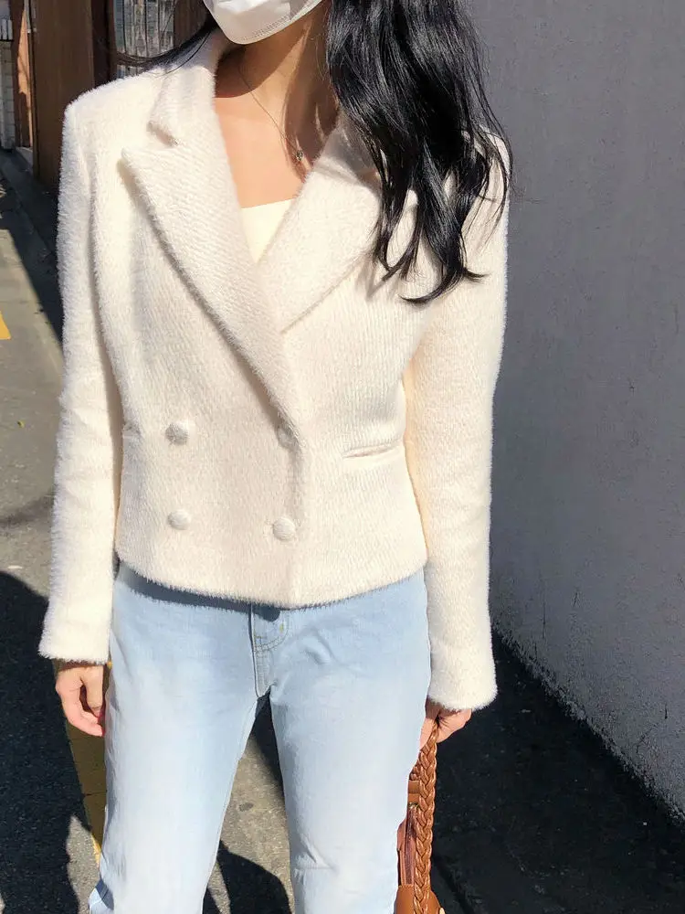 

Ele ort Woolen Jaet Women's Chic Versatile Agel Double-breasted Suit Coat Retro High Waist pe Winter Thiened