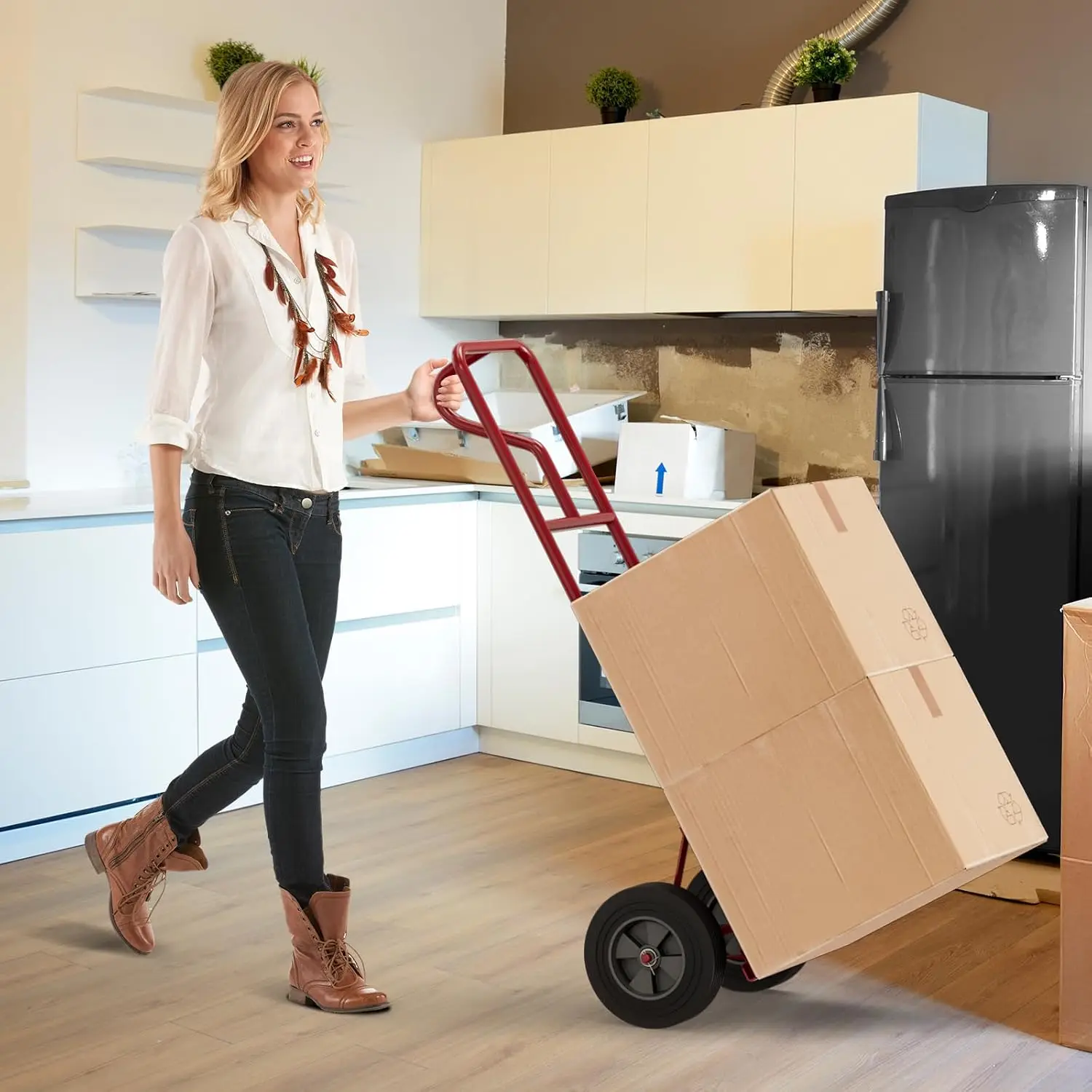 Heavy Duty Metal Hand Truck with Ergonomic P-Handle, 600 lbs Capacity, Foldable Platform & 10-Inch Rubber Wheels for Warehouse/Home Use