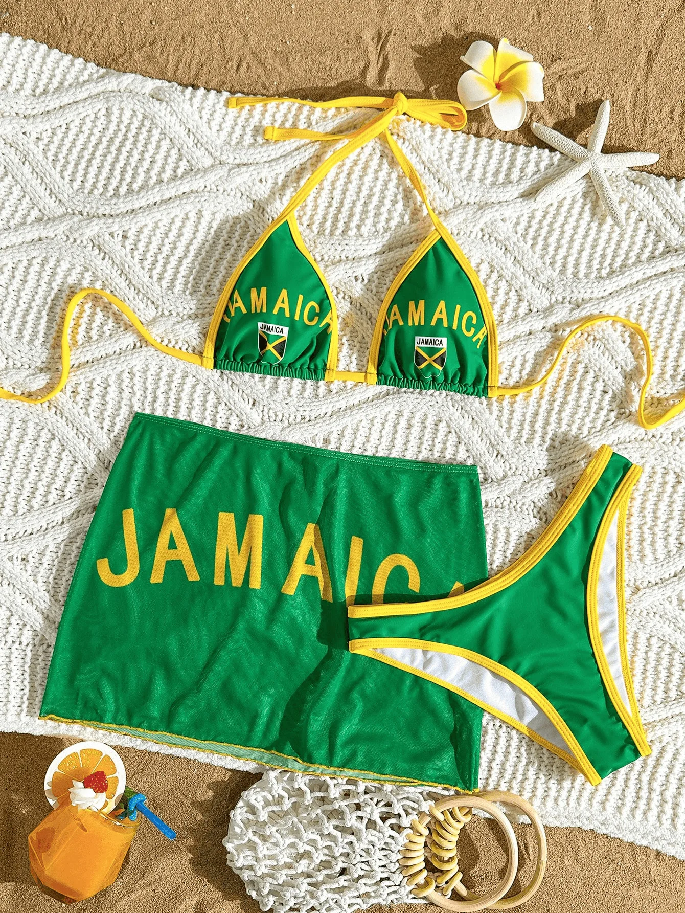 sexy yellow green patchwork letter print bikinis sets 3pcs with mesh perspective mini skirt swimwear bathing suit swimsuits