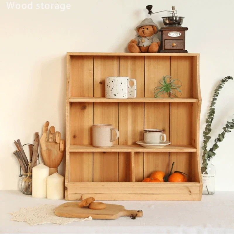 

Vintage Wall-mounted Wooden Water Cup Shelf Coffee Cosmetics Log Storage Cabinet Multifunctional Desktop Storage Organizer