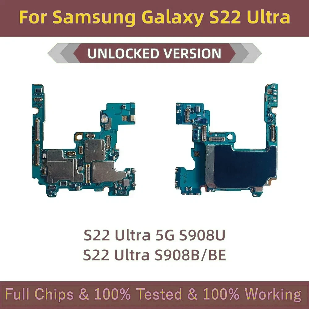 Placa-mãe 100% Testada e Desbloqueada para Samsung Galaxy S22 Ultra 5G S908B S908U, Placa Lógica Principal Limpa com Google Lock