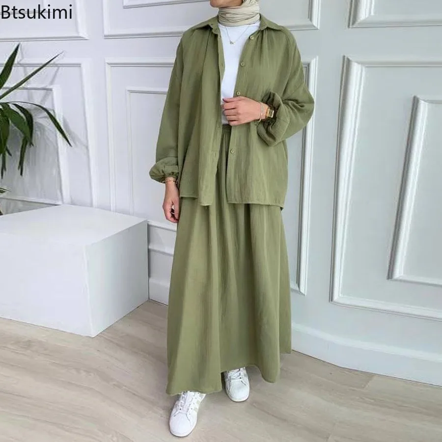 2024 Spring Women\'s Half Skirts Sets Fashion Puff Sleeve Blouse and Long Skirts Vintage Casual Two Piece Sets Women Muslim Sets