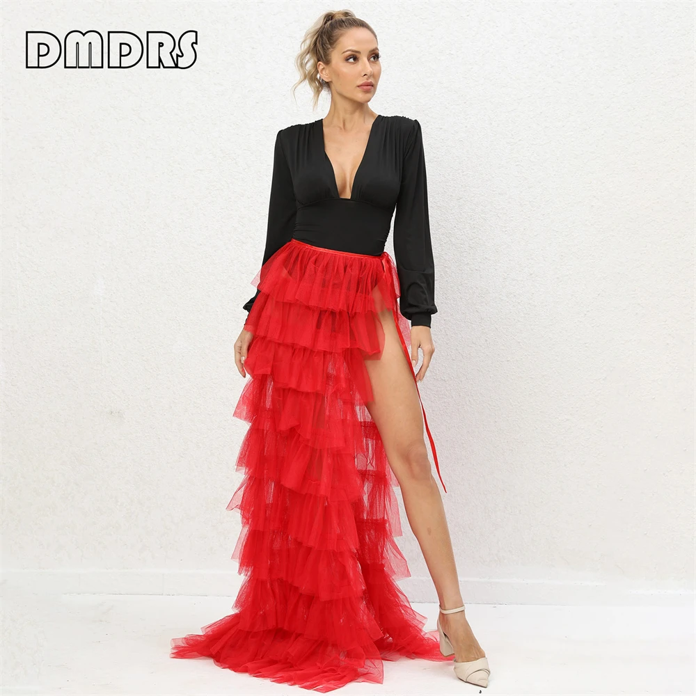 Hot Sale Long Tulle Skirt With Sexy Side Slit Free Size Adjustable Party Dress Tiered Solid Women Party Cocktail Skirts