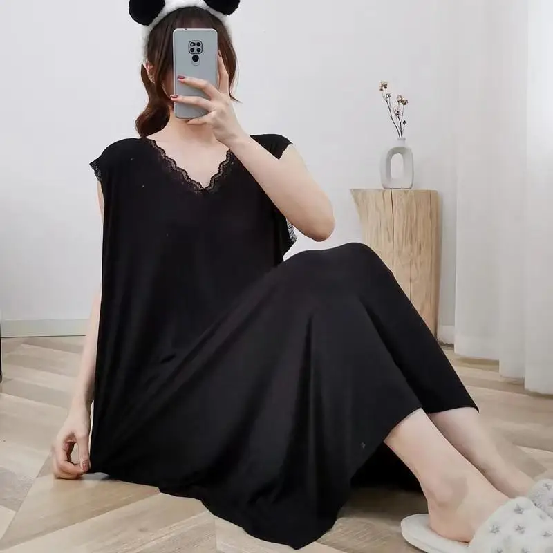 

Fdfklak New Sleeveless Nightdress Women Summer Loose Vest Long Sleepwear Female Sleepshirt V-neck Lace Pajamas Nightgowns