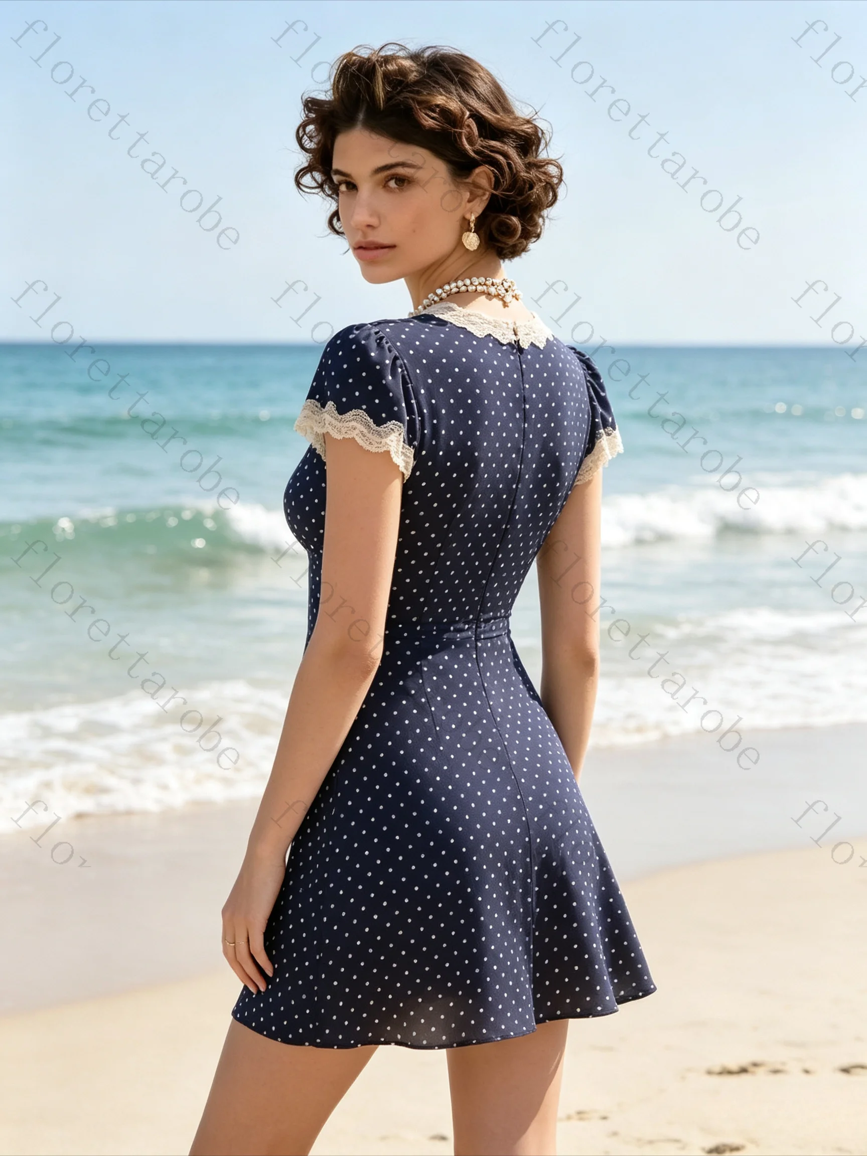 Customized Vintage Navy Polka Dot Lace Patchwork V Neck Short Mini Dress Elegant Women Beach Party Cocktail Evening Outfit